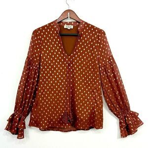 Listicle Rust Brown Gold Metallic Polka Dot Ruffle Long Sleeve Peasant Blouse